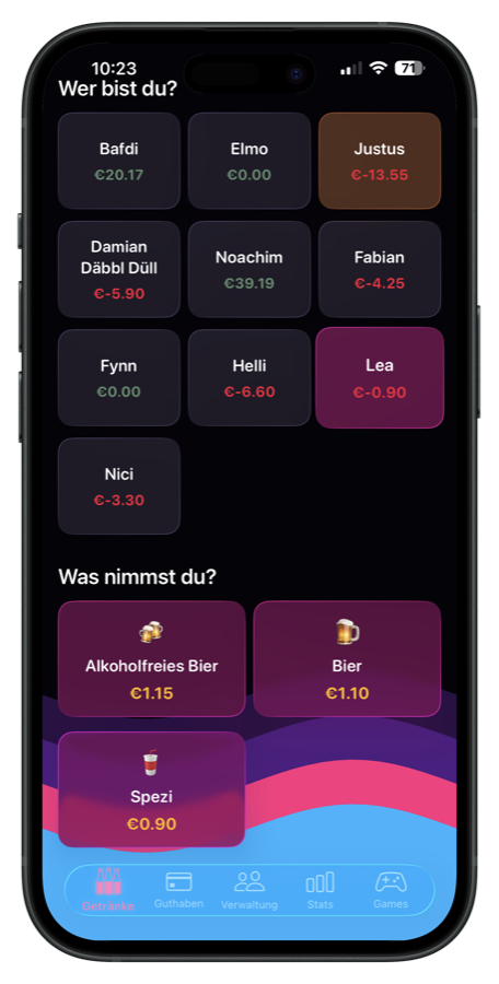 Getränke-Tab mit User-Auswahl — Cola Theme