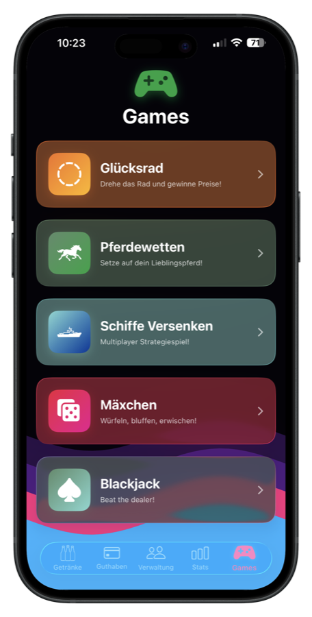 Games-Tab mit 5 Spielen — Cola Theme